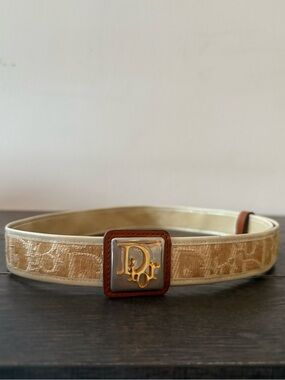 Dior Beige Monogram Canvas Belt with Gold Logo Buckle Size 65CM